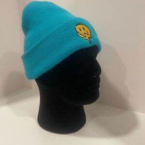 Drippy Trippy Grin Beanie Hat Melting Smiley Face Blue Hat Funky Grunge Punk